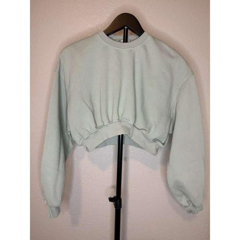 Zara Womens Mint Green Cropped Sweatshirt Elastic Hem Long Sleeve Pullover Small